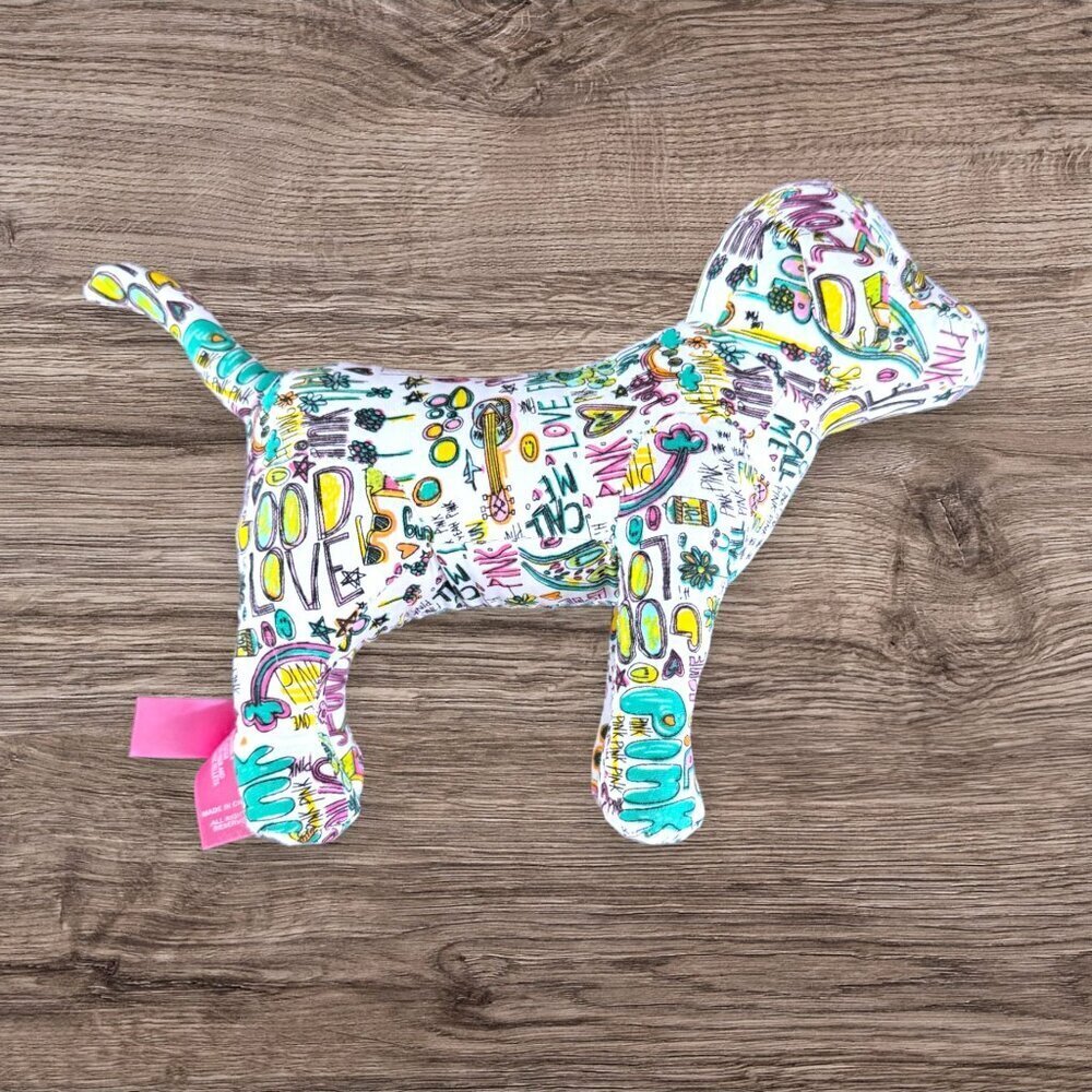 Victoria’s Secret PINK Graffiti Dog Plush Rainbow Love Print Collectible 7"